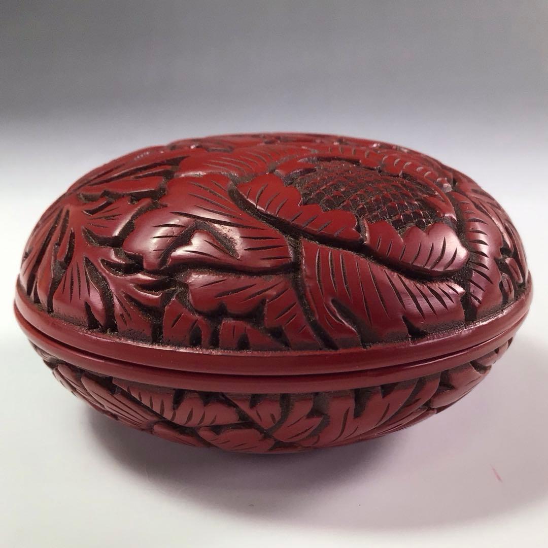 R694 香合 『漆芸 三野原晃一作』『牡丹彫』『堆朱香合』 共箱 茶道具