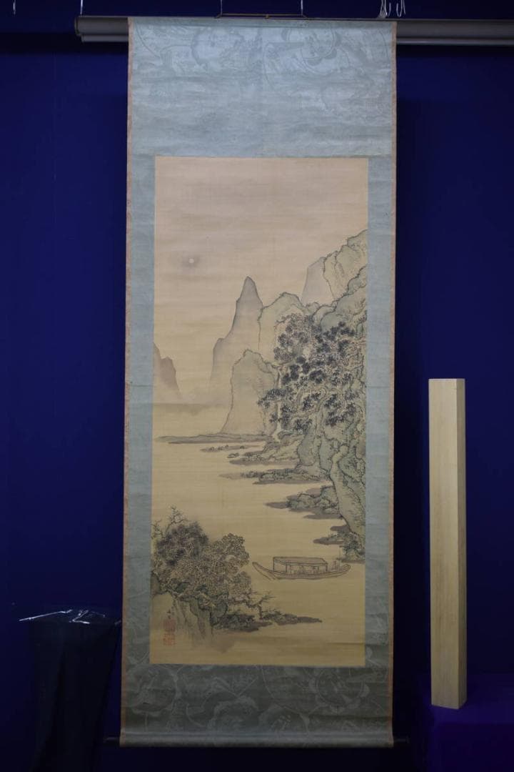 真作/谷文晁/山水屋形船図/絹表装/軸先紫檀/大幅/布袋屋掛軸HH-471