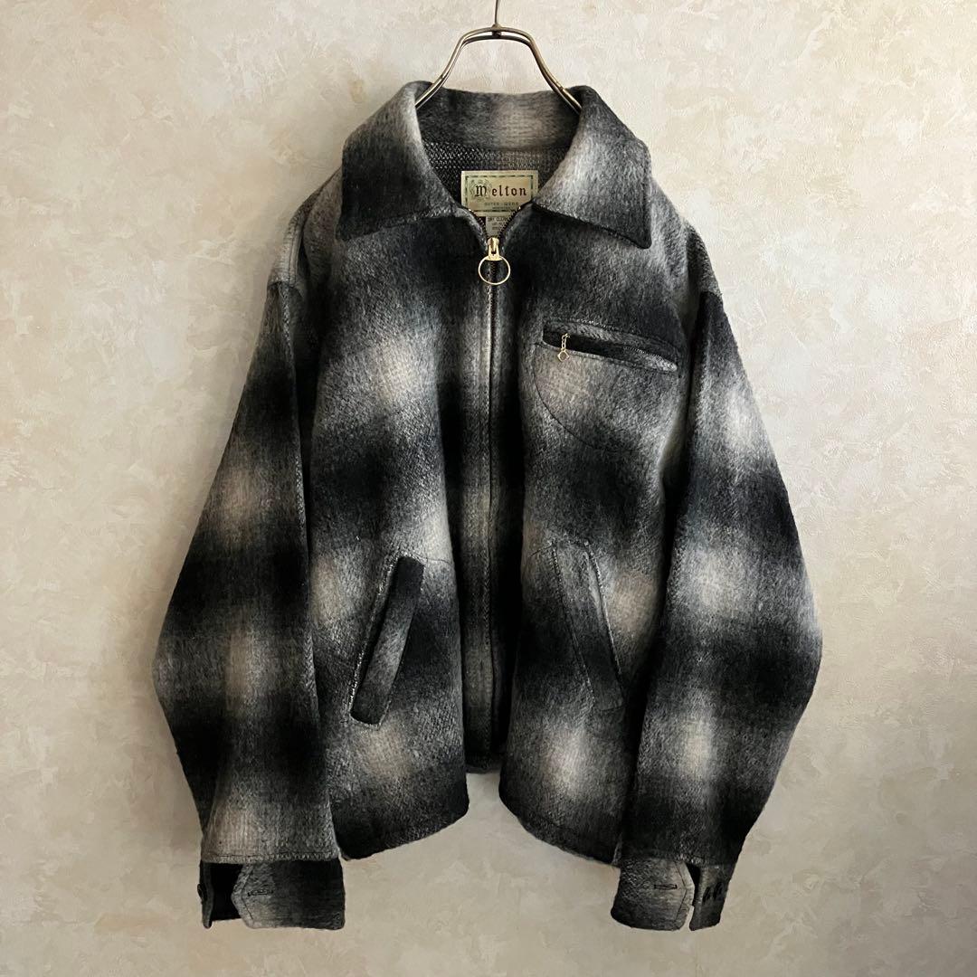 極美品 70's USA製 メルトン オンブレチェックJKT 黒 L
