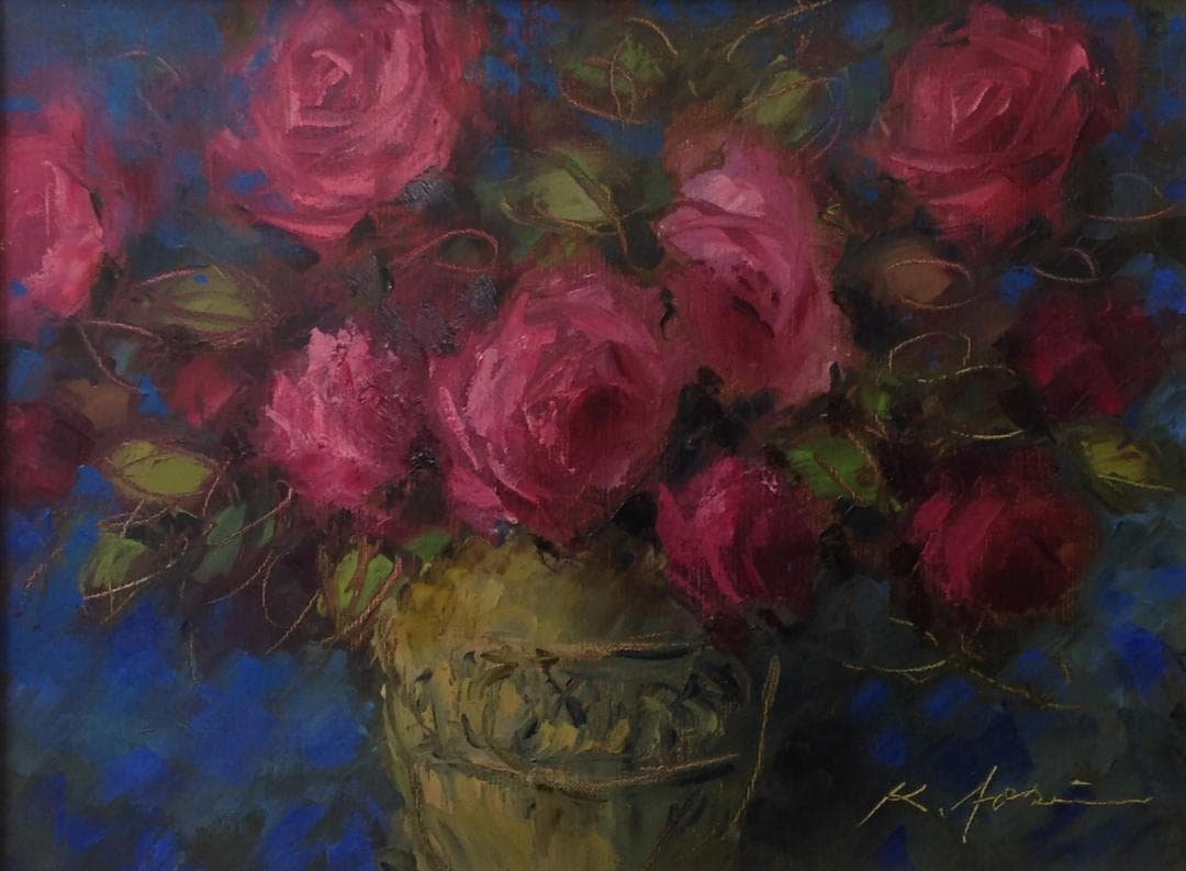 青木今陽 絵画 油絵 肉筆油絵 静物画 赤い薔薇 F6