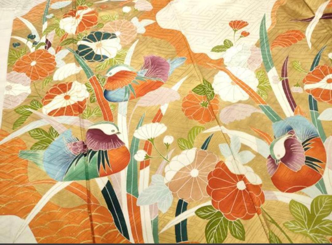 振袖フルセット6点M〜Lサイズ 正絹 鴛鴦花文 売り切り終了