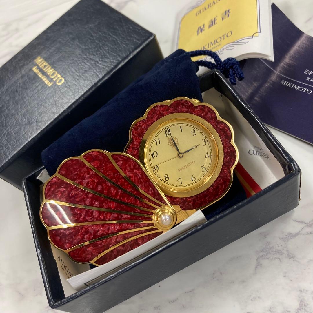 ミキモト シェル型 時計 クリスタルラッカー 青 トラベルクロック