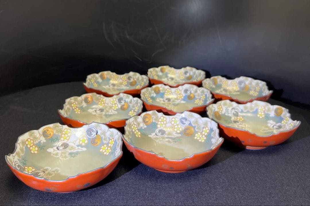 明治初期　九谷焼　朝日向付8客　幅約14.5㎝　東Y7-1219☆1Fトヒウ