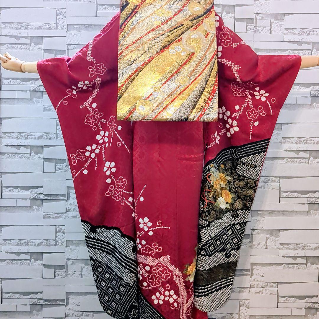 正絹振袖 絞り 駒刺繍 扇流水花文 金彩 振袖セット 振袖フルセット 赤黒