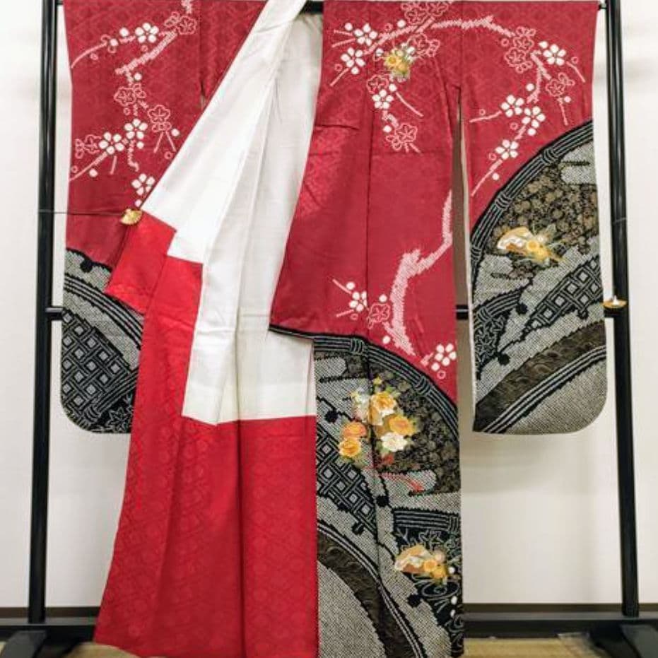 正絹振袖 絞り 駒刺繍 扇流水花文 金彩 振袖セット 振袖フルセット 赤黒