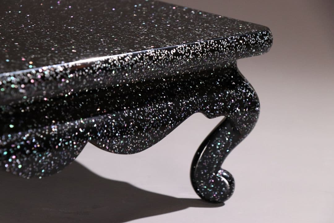 MA486 輪島塗 塗師 輪洲作 青貝 黒塗 花台 共箱 平卓 木製 螺鈿 輪州