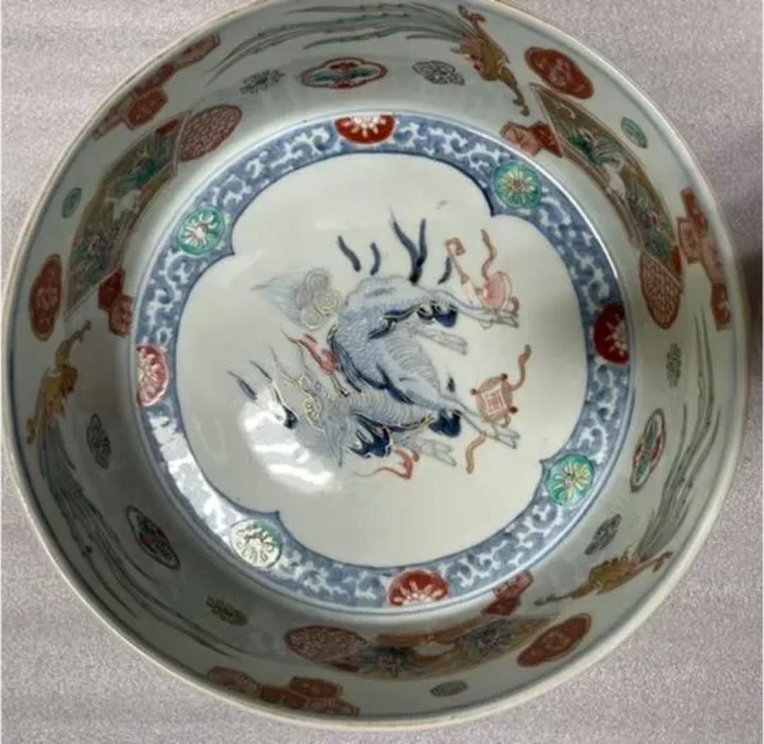 大きな器【m183 麒麟鳳凰窓絵二重高台吉祥染付色絵平鉢骨董】