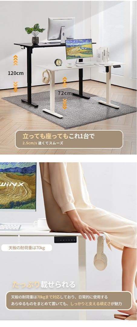 Dowinx 昇降デスク 電動 昇降式　L-DDS-4824-BK