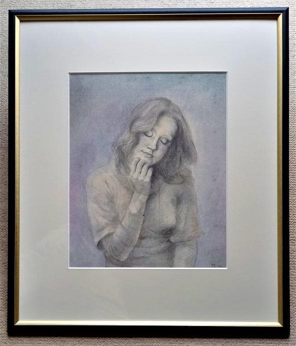 桜田晴義　タイトル「少女D」　デッサン画　表サイン　新品額装　黄袋、タトウ箱あり 桜田晴義タイトル 少女Dデッサン画 表サインあり 新品額装 黄袋タトウ