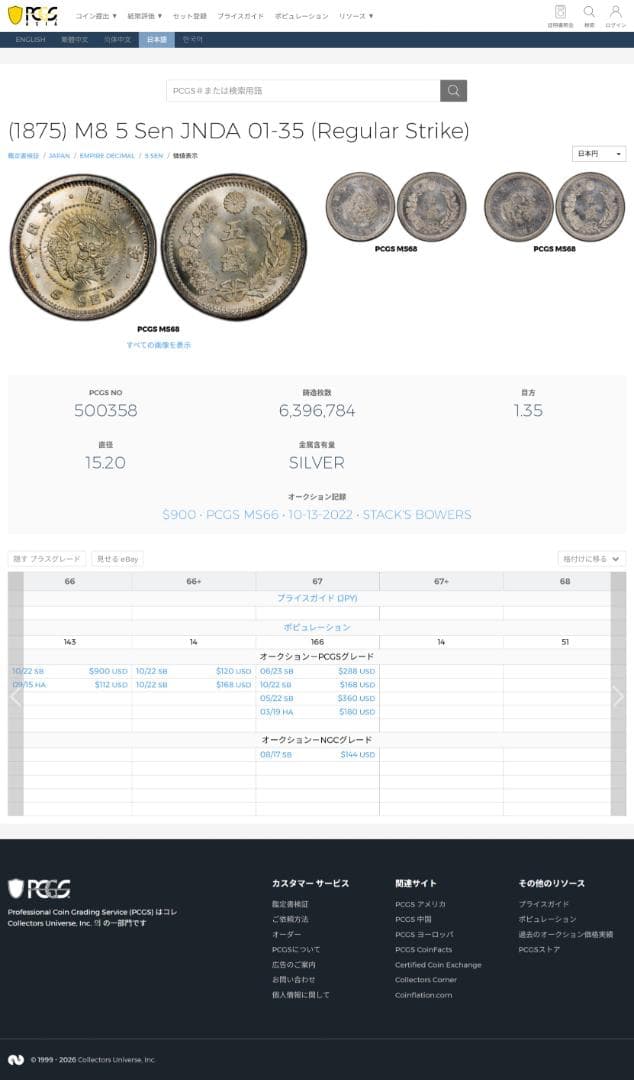 高鑑定 PCGS-MS64 竜五銭 銀貨 明治8年（1875） - メルカリ