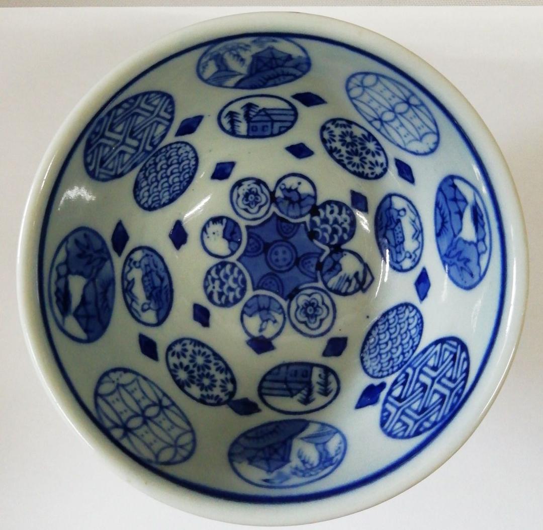 骨董品38. 染付杯 古伊万里 染付 七寸皿 江戸時代 葉