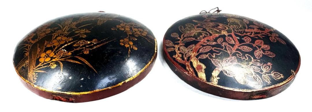 明時代 黒漆描金花鳥文掛屏 対 直径約15cm 伝世品焼物 歴史 WWWT001