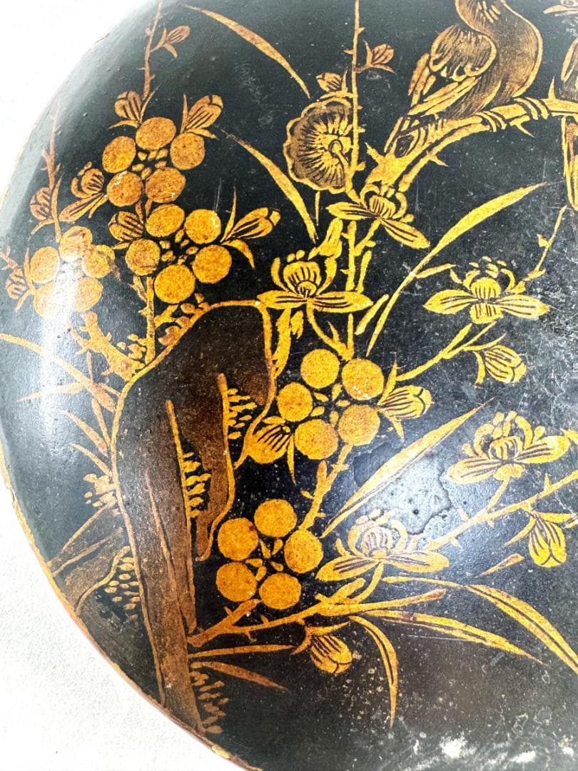 明時代 黒漆描金花鳥文掛屏 対 直径約15cm 伝世品焼物 歴史 WWWT001