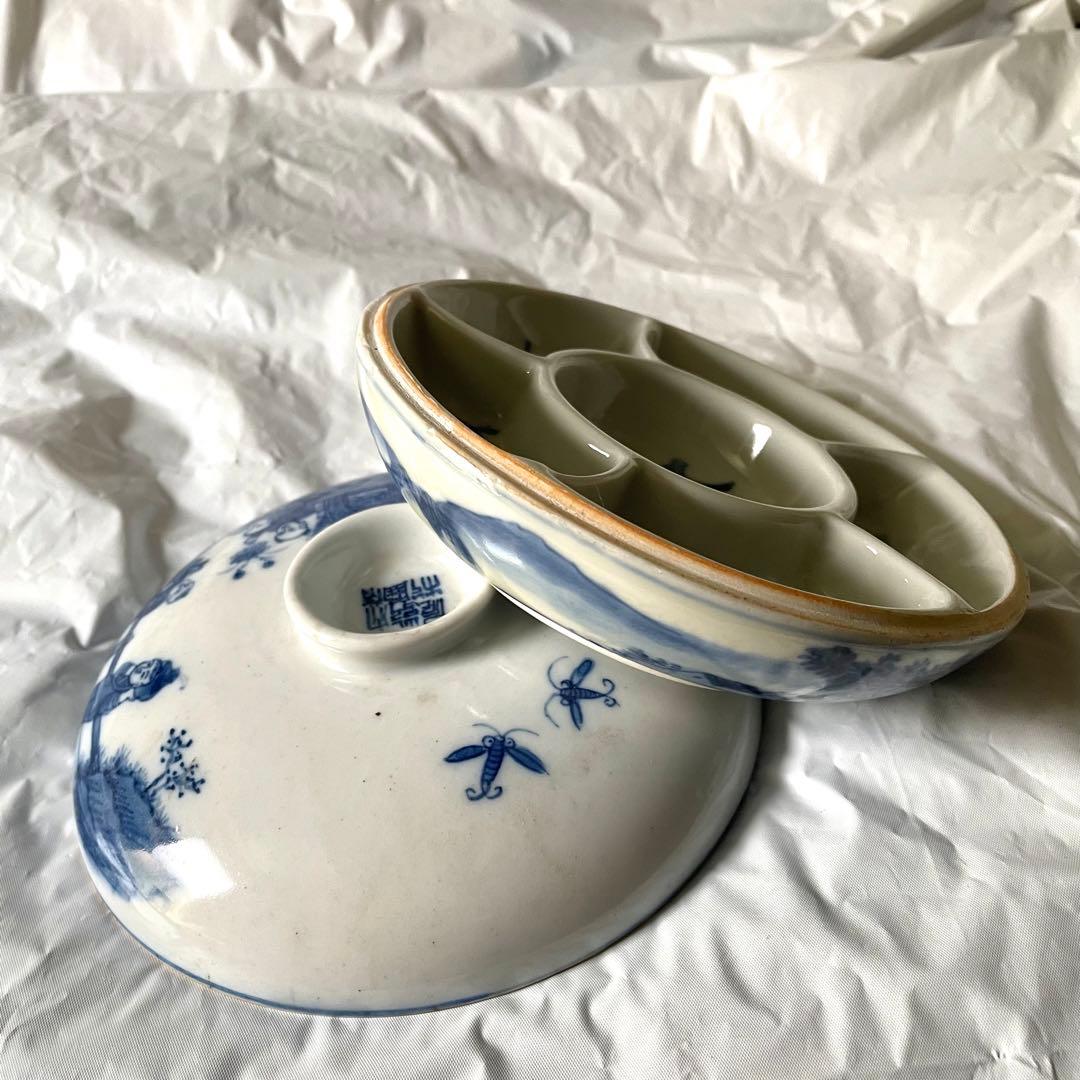 染付 盒 中国 蓋物 陶磁器 China 松 竹 梅 蘭 人物 四君子 唐子