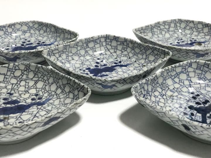 骨董 アンティーク 古伊万里 染付 氷裂 氷割 梅図 菱形変形皿 節約 向付