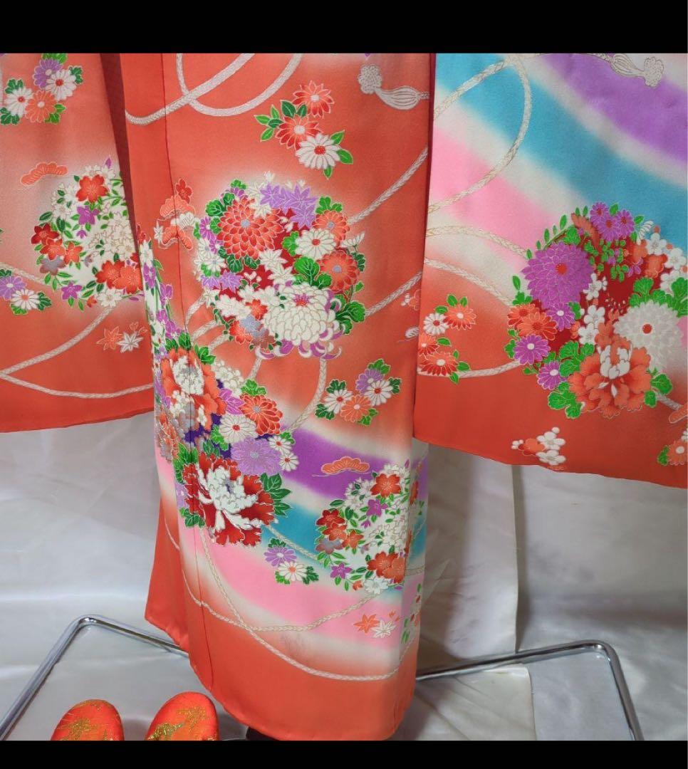 7歳七五三着物 オレンジ色 花柄刺繍付き　全セット