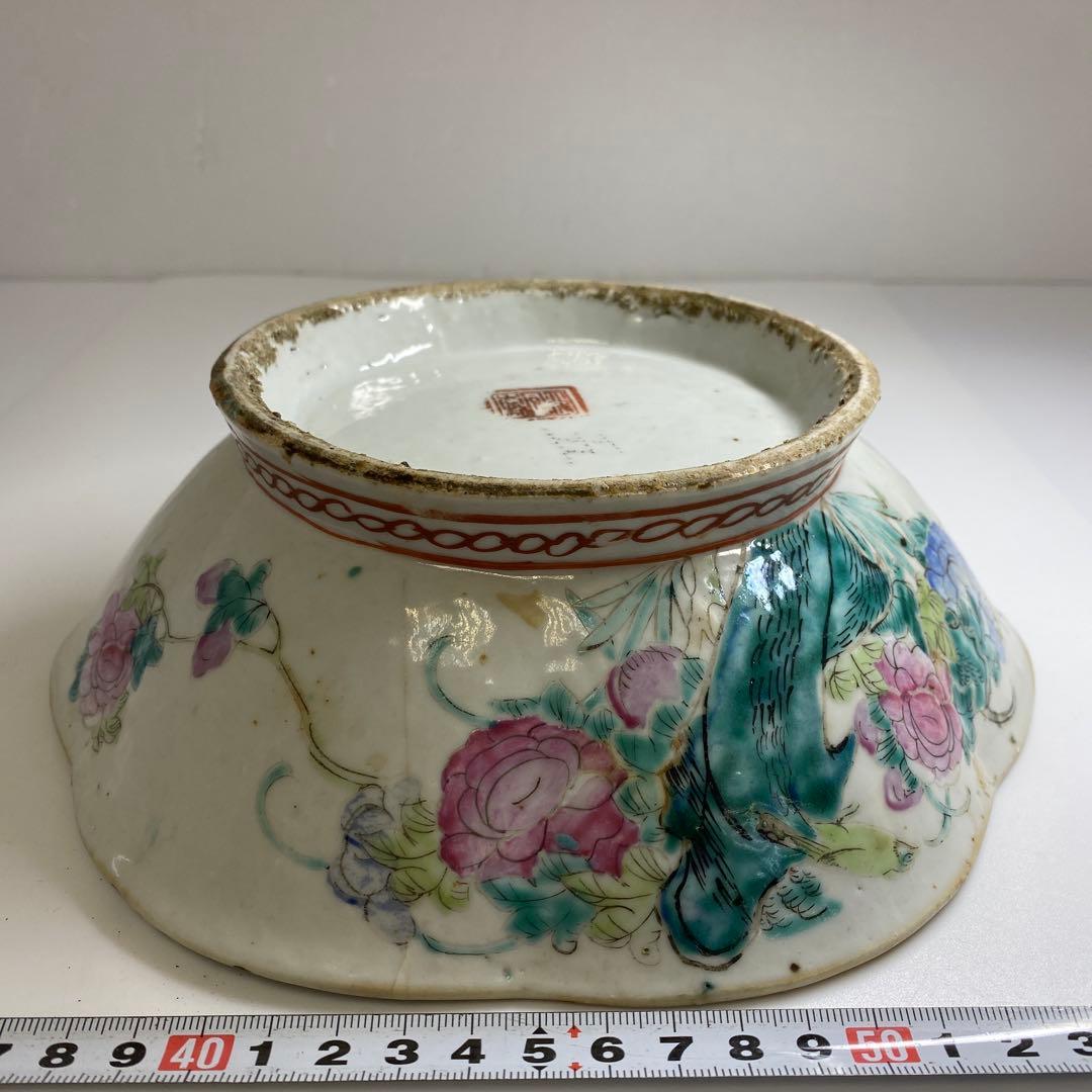 中国清時代　粉彩花鳥画鉢　幅約22㎝　東Y7-0331②タサオ