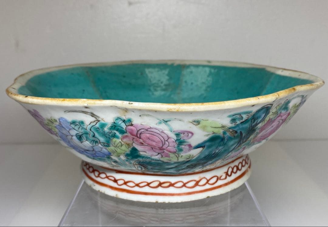 中国清時代　粉彩花鳥画鉢　幅約22㎝　東Y7-0331②タサオ