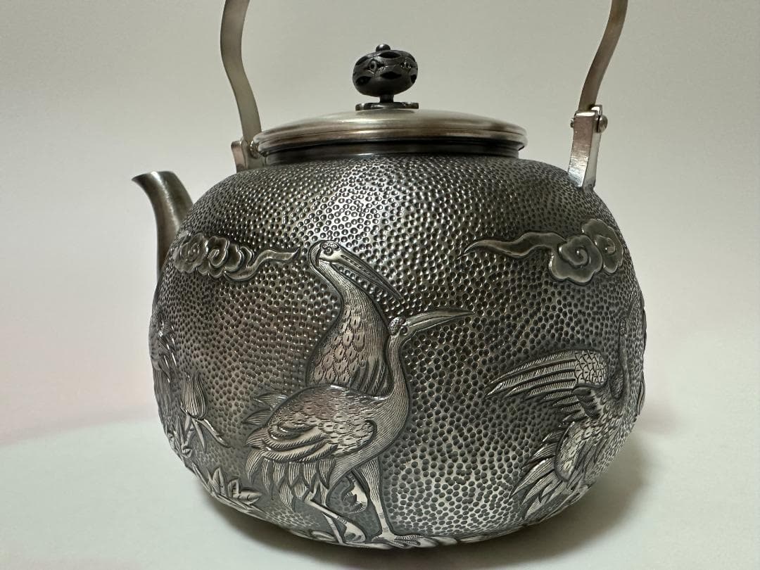 極上純銀製 仙鶴雲花文様 高工芸 湯沸 銀瓶 煎茶道具 重量