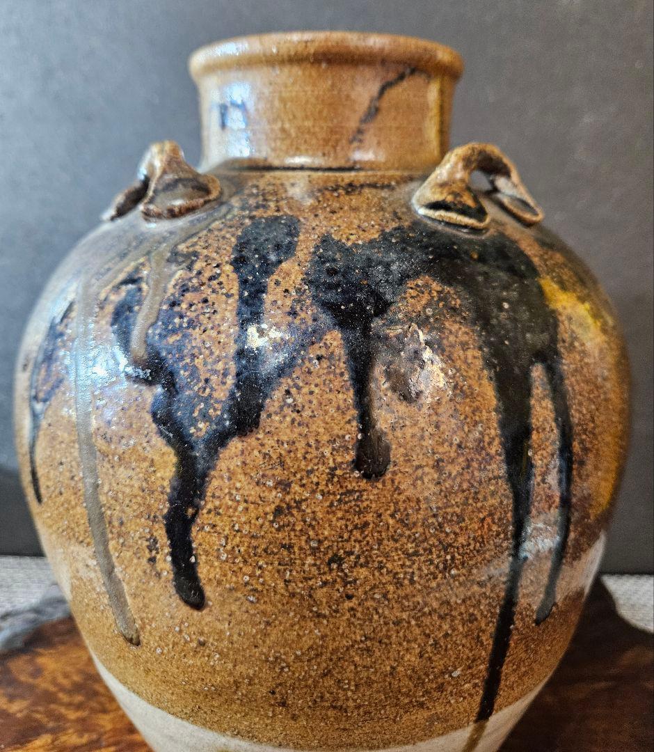明治時代　古信楽　釉流れ　四耳壺 高 約22.7cm　花入れ　花生け　花器