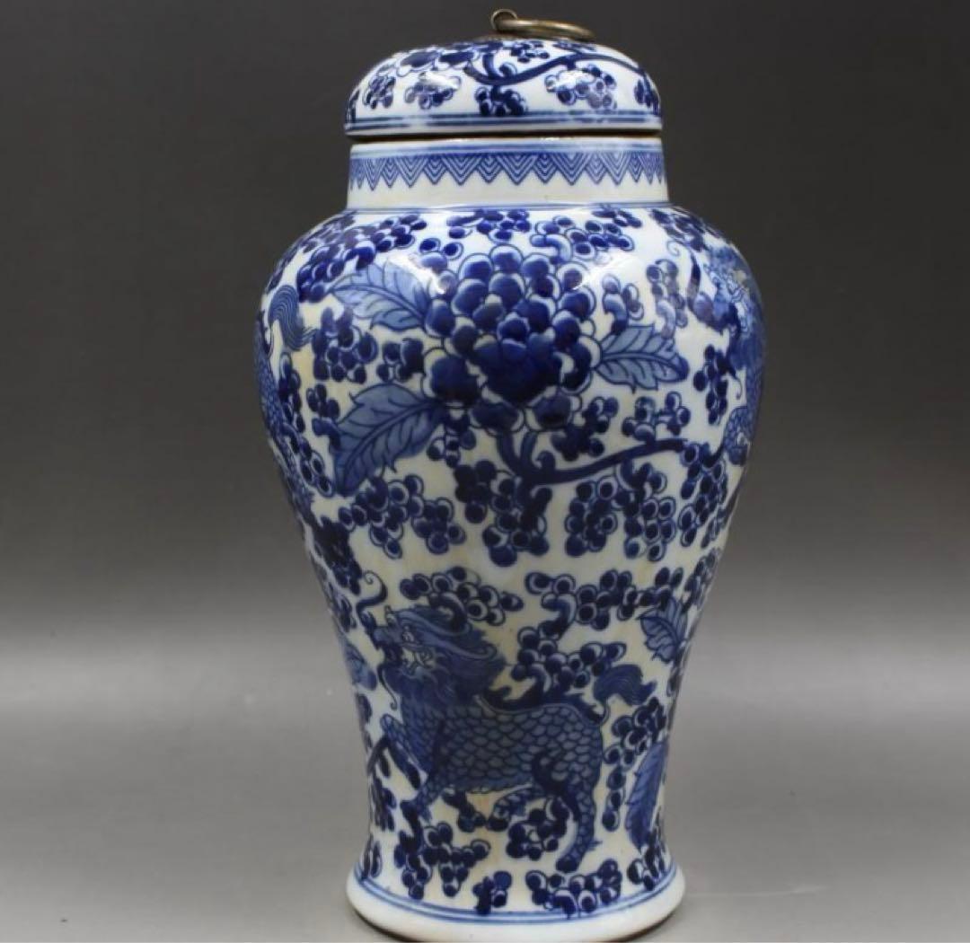 清同治青花穿花麒麟紋茶蓋缶 景徳鎮 陶磁器 装飾品