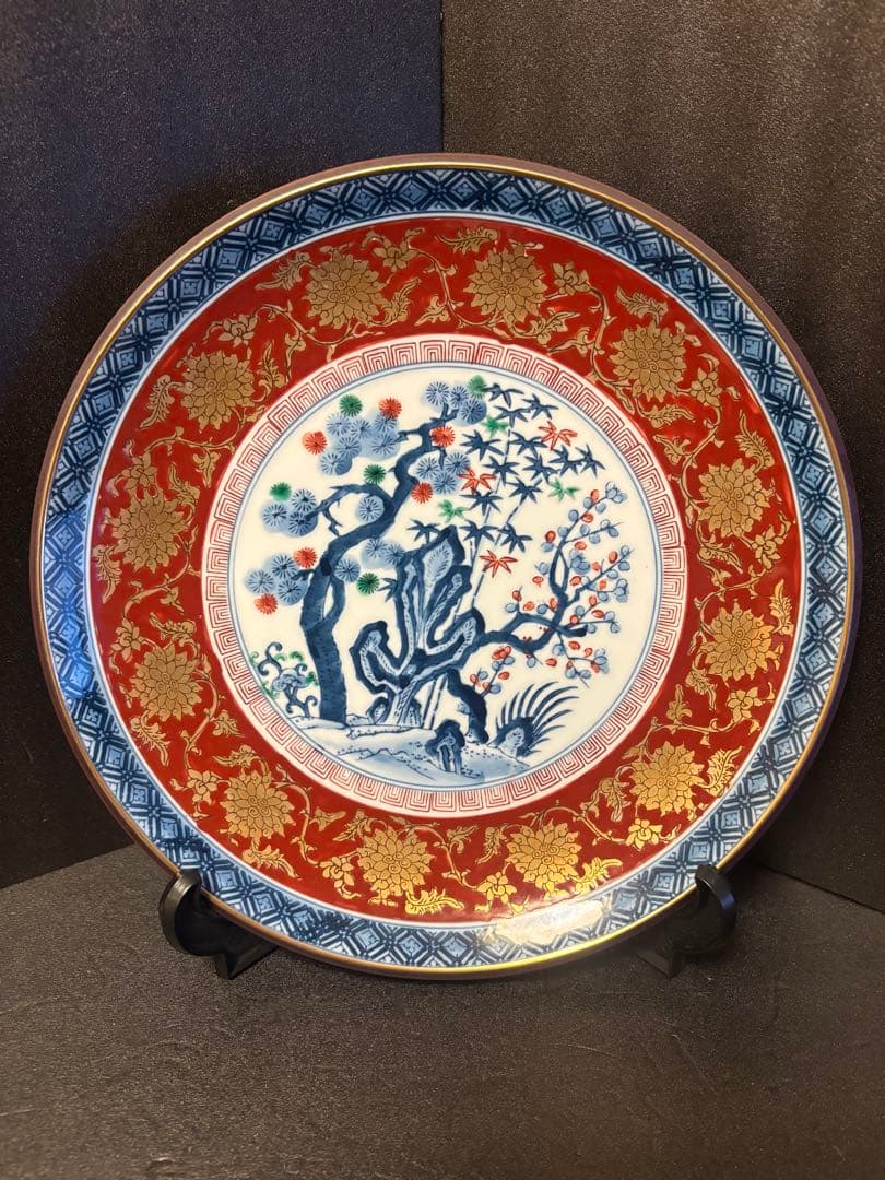 34.5cm 有田焼 哲山作 金襴手 松竹梅 飾皿 - メルカリ