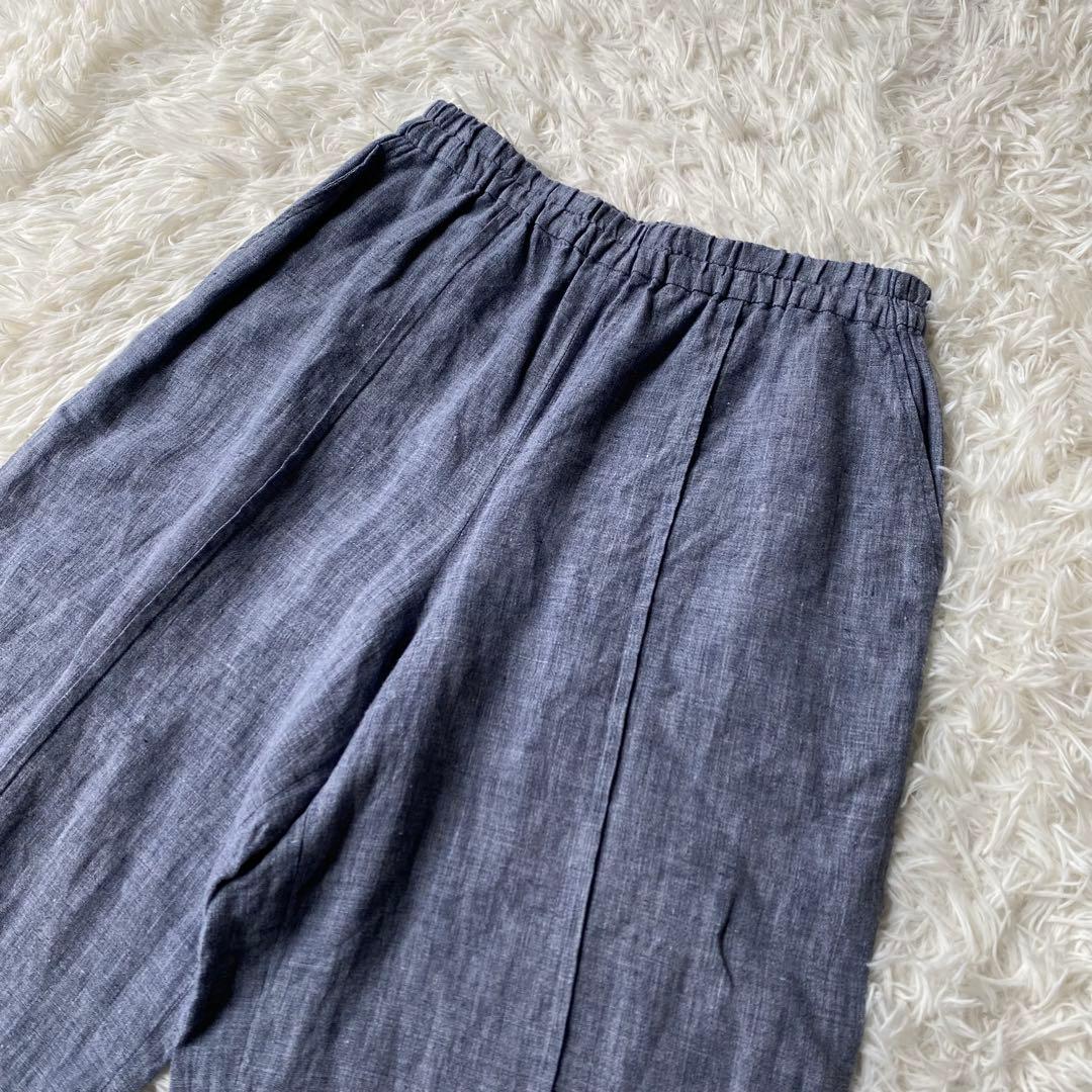 【美品】 登美 群言堂 リネンワイドパンツ サルエルパンツ ブルー FREE
