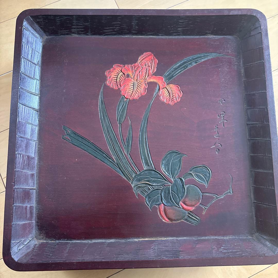 讃岐彫　四方盆　讃岐盆　5枚セット　手彫り 角盆 絵変り 讃岐木地漆