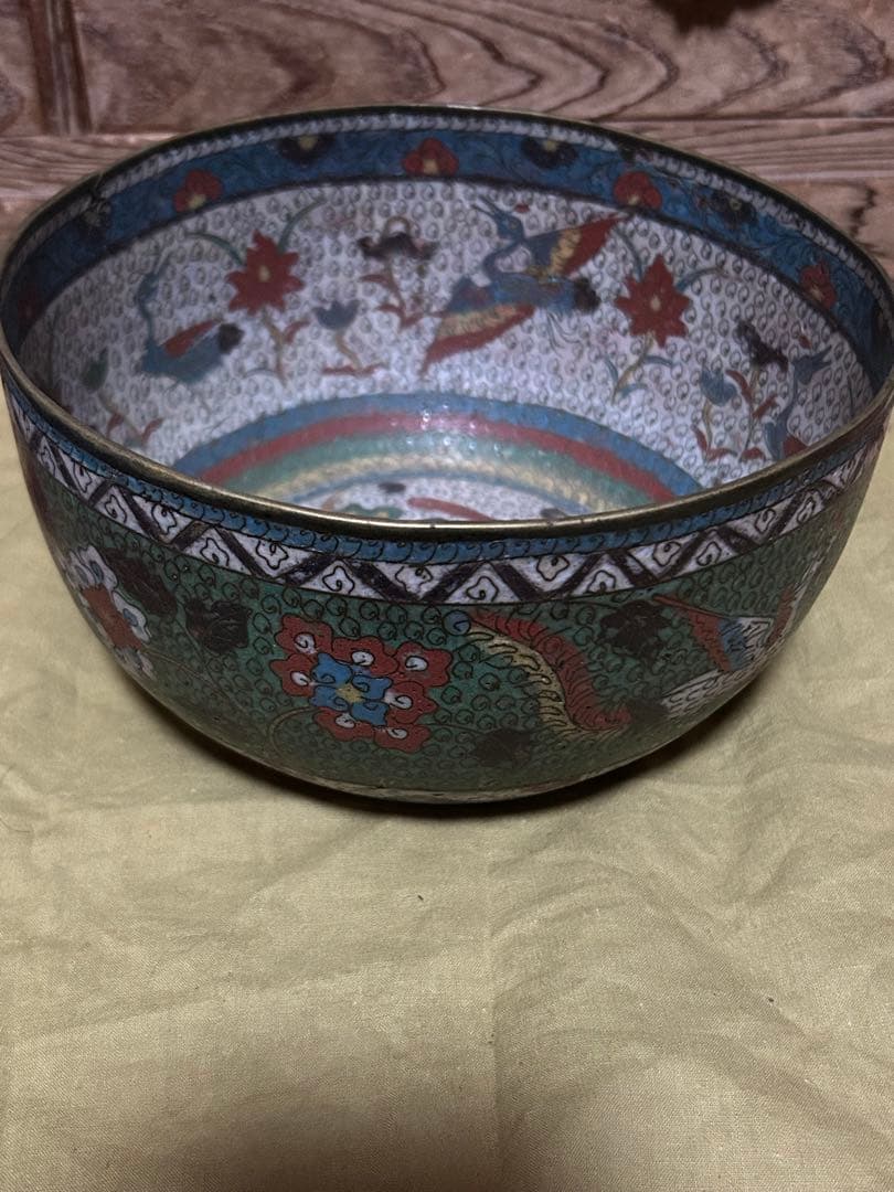 中国　明時代　花鳥文七宝　銅製　鉢　水指