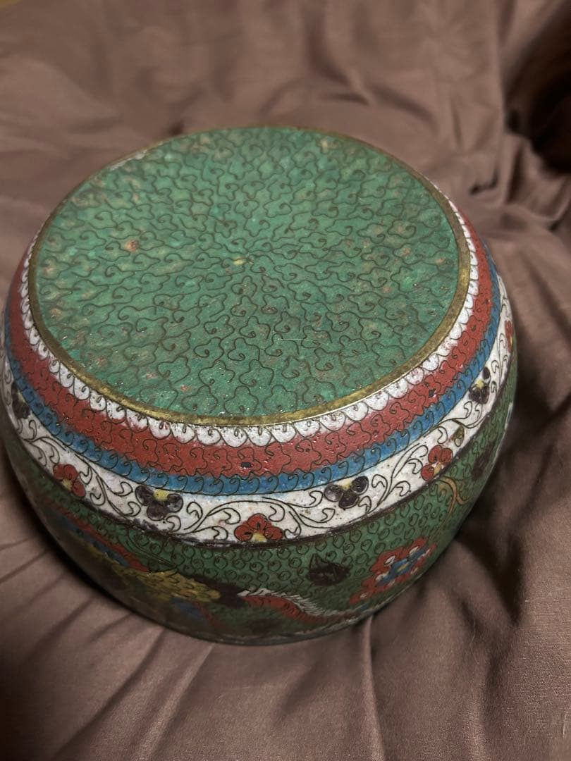 中国　明時代　花鳥文七宝　銅製　鉢　水指