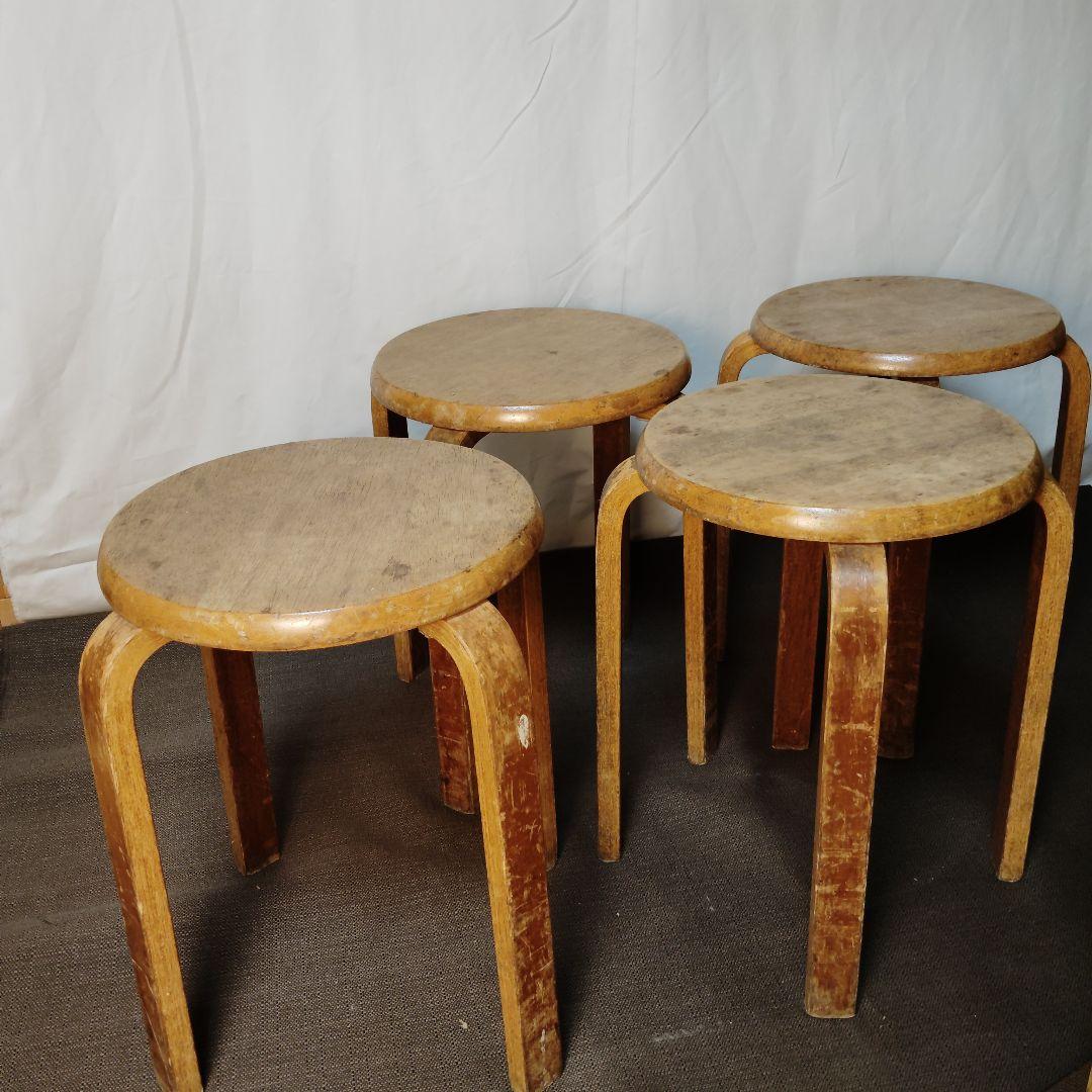 木製 丸椅子 スタッキングスツール レトロ 4脚セット