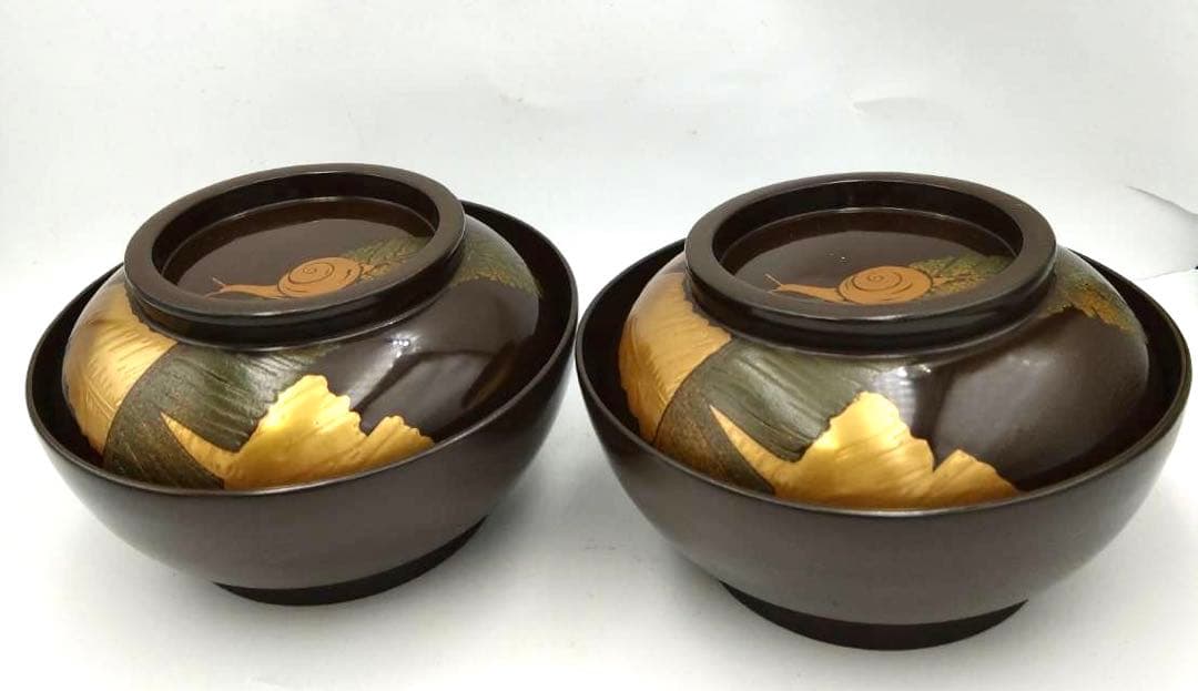 最高級 蓋付き汁椀 2客 お吸物 金漆塗 高蒔絵 芭蕉