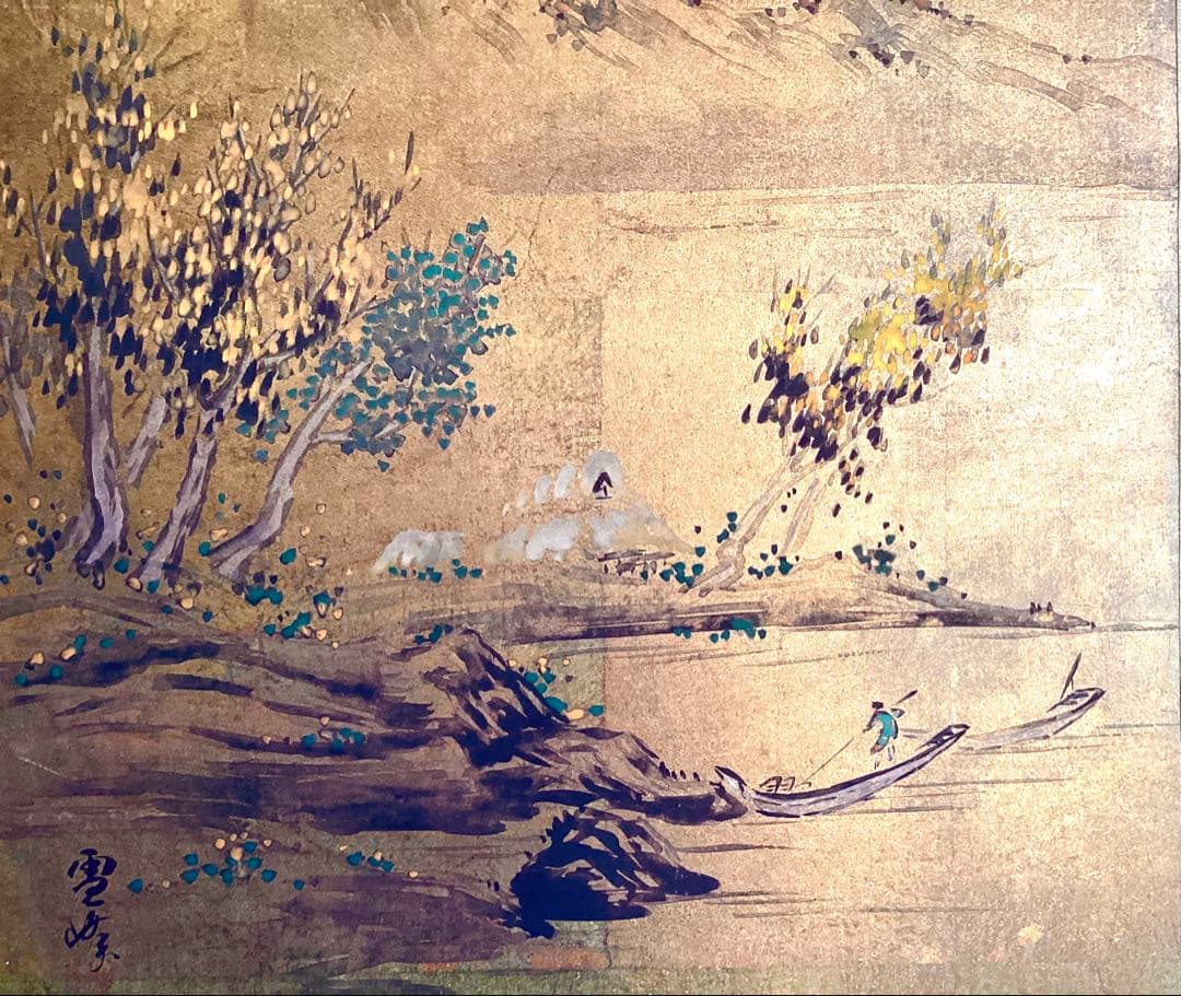 日本画山水画金箔背景