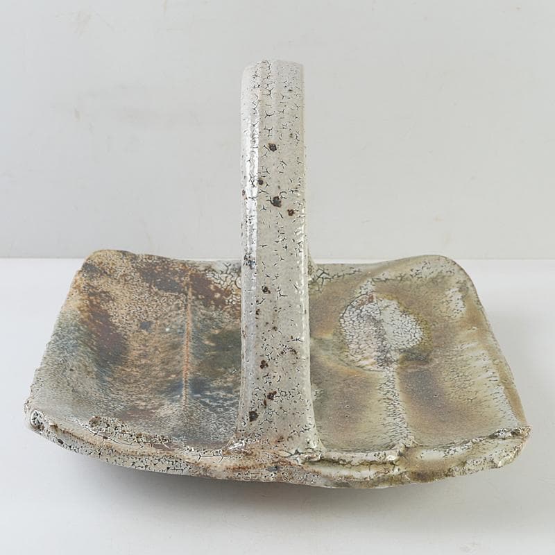 益子焼　高内秀剛作　塩釉　手付四方皿　共箱　V　R9086B