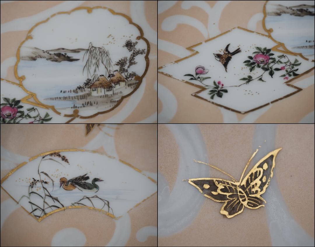 横浜焼 井村彦次郎作 金彩花鳥蝶風景図 高台皿 里帰り - 工芸品