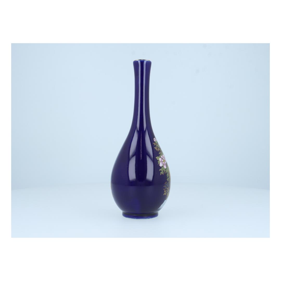【美品】陶器製花瓶 金彩鳥花模様 ダークブルー アンティーク調 インテリア