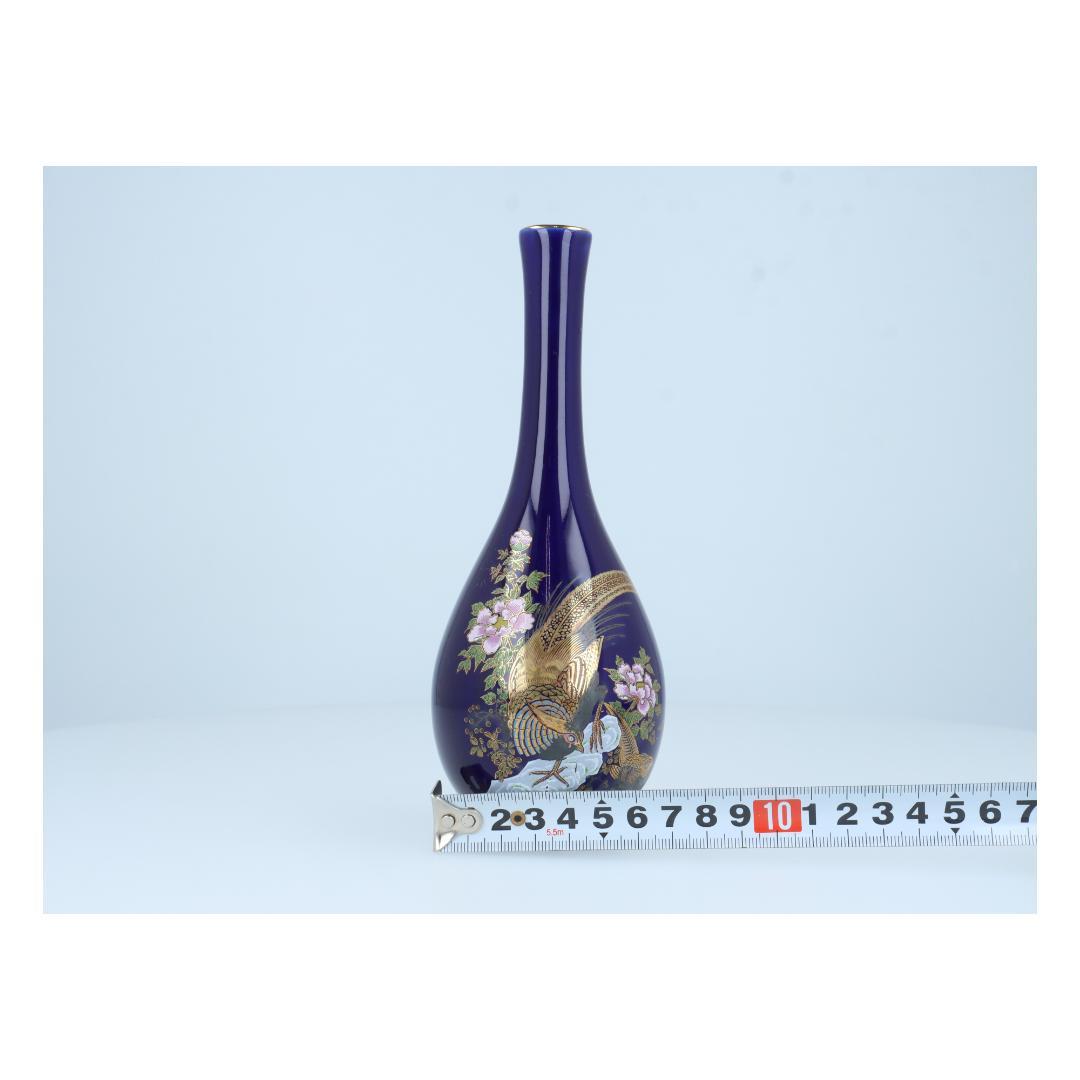 【美品】陶器製花瓶 金彩鳥花模様 ダークブルー アンティーク調 インテリア