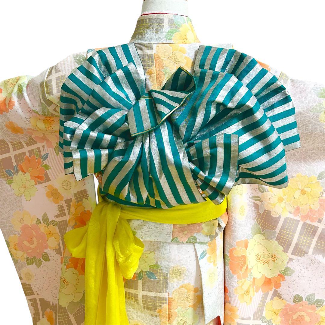 着物　七五三　7歳　女の子　13点　フルセット　オレンジ　グレージュ　格子　花文