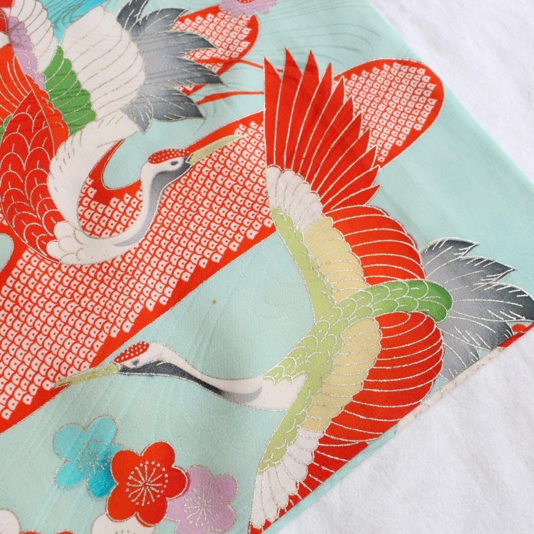 【1748】七五三 3歳 女の子 子供 アンティーク 鶴 水色 着物