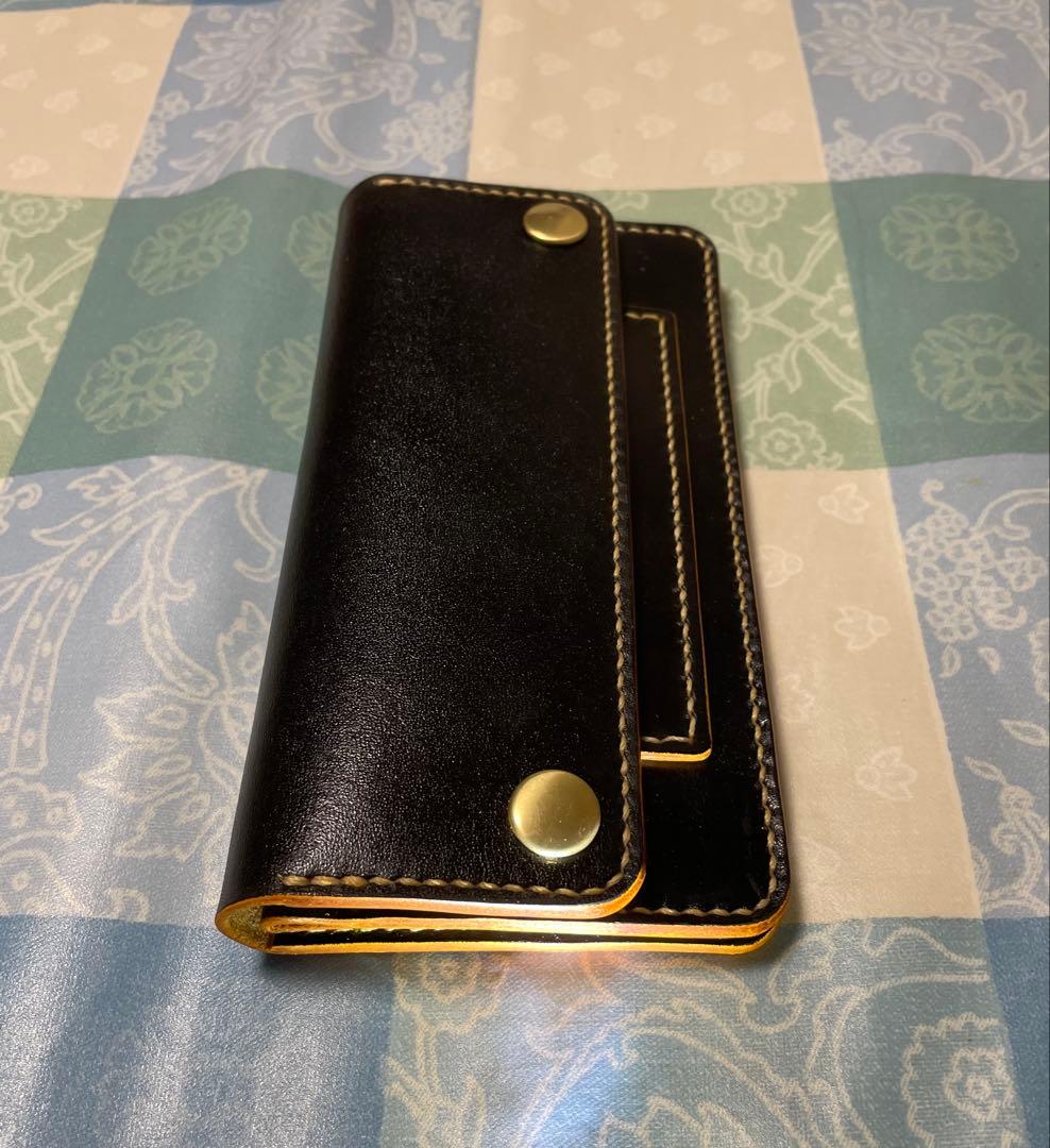 トラッカーウォレット　ロングサイズ　ハンドメイド　黒　ブラック　本革　ヌメ革