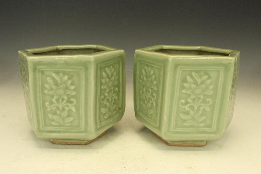 茶道具 六角 青磁 火入 煙草盆 一対 江戸末期-明治(A258)の通販はau