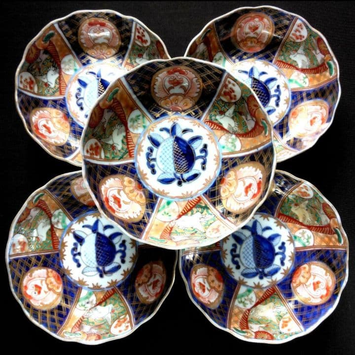 明治～大正 古伊万里 絢爛豪華 金襴手 二重角冨紋 膾皿 5客揃 角富 なます皿