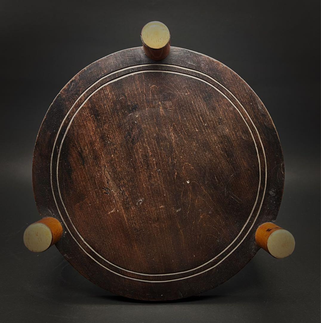 唐木製 竹製 骨嵌三足丸花台 時代物 古道具