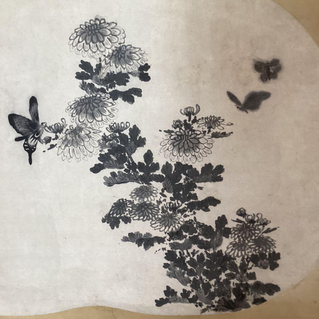 松花堂昭乗筆紙本水墨画掛軸《菊花舞蝶之図》軸先紫檀掛軸一幅309