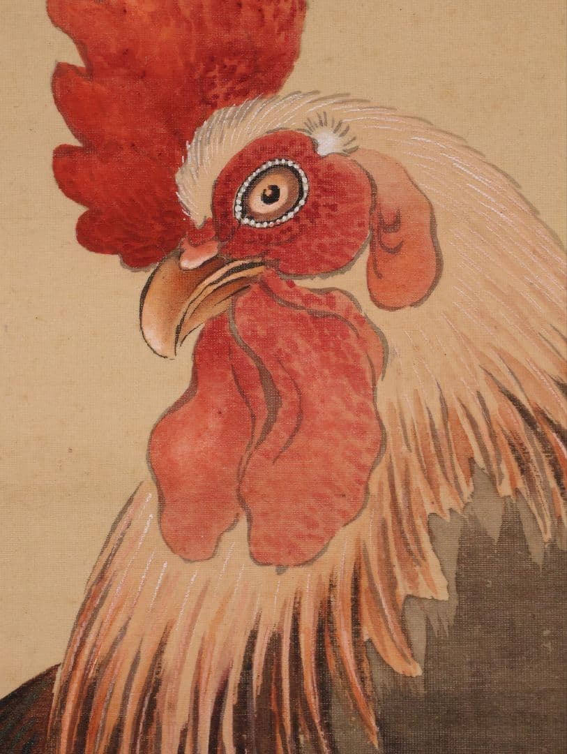 【模写】日本画 荒木寛畝 鶏図 絹本 掛軸 花鳥 MB155