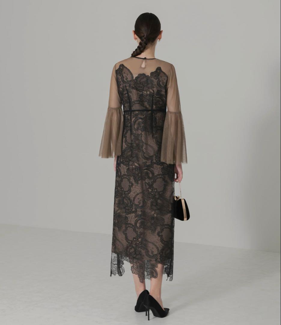 【LEJA】シアー刺繍レース透け感プリーツスリーブ お呼ばれドレス（Sサイズ）