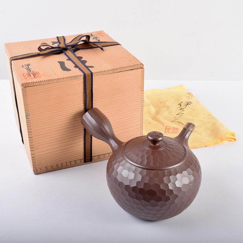 萬古焼森伊呂久作ダイヤカット横手急須共箱MR3318