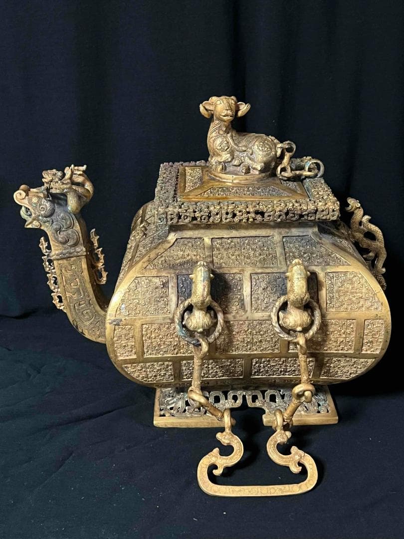 商周から戦国時代　金銅螭龍瑞獣羽文双糸壺　方盉　高台に銘文在銘(B-99) 商周から戦国時代 金銅螭龍瑞獣羽文双糸壺 方