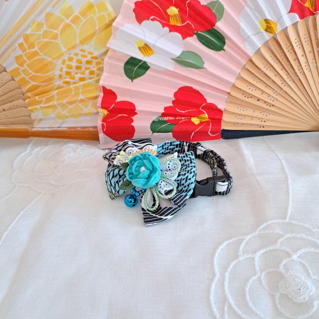 お正月仕様(水色②)つまみ細工付き和風リボン、わんちゃん猫ちゃん用