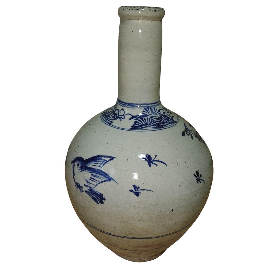 明治美術 越後豊栄 民窯大丘焼 四君子草花文染付徳利 高